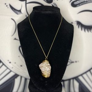 (Hand crafted) gold caged, raw rose quartz necklace w/ non tarnish gold chain